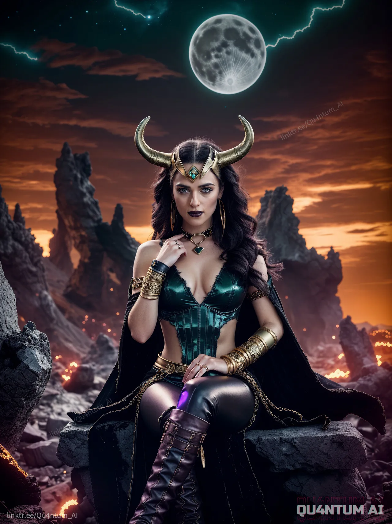 Katie McGrath Lady Loki Morgana Avengers Villain Goddess cosplay costume Hollywood celebrity Qu4ntumAI Lena Luthor Super girl Merlin Cosmic Horror Loki Multiverse Regal Emerald Gold Fantasy Fancast Dark Fantasy Horns Celestial - Image 22