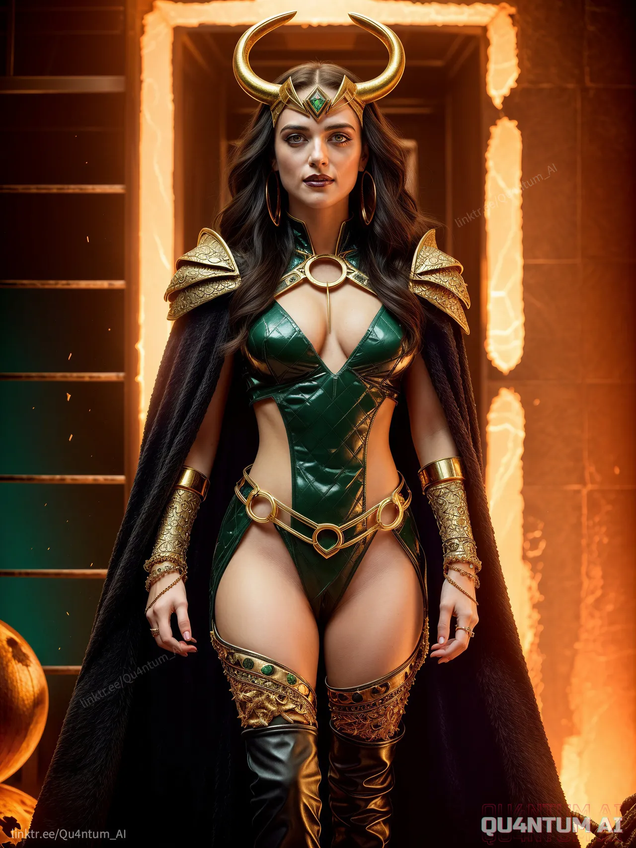 Katie McGrath Lady Loki Morgana Avengers Villain Goddess cosplay costume Hollywood celebrity Qu4ntumAI Lena Luthor Super girl Merlin Cosmic Horror Loki Multiverse Regal Emerald Gold Fantasy Fancast Dark Fantasy Horns Celestial - Image 9