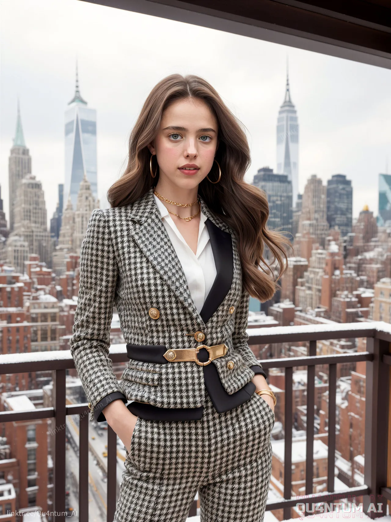 Margaret Qualley Julia Steinway How to Make a Killing The Leftovers Maid Poor Things Once Upon a Time in Hollywood Pussycat Fosse Verdon The Substance High Fashion New York City 70s Style 80s Aesthetic Houndstooth Metallic Penthouse Luxury - Image 17