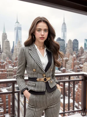 Margaret Qualley Julia Steinway How to Make a Killing The Leftovers Maid Poor Things Once Upon a Time in Hollywood Pussycat Fosse Verdon The Substance High Fashion New York City 70s Style 80s Aesthetic Houndstooth Metallic Penthouse Luxury - Page 17
